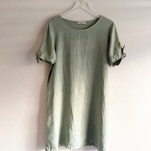 TERZO MILLENNIO Linen Dress in Miss Green Short Sleeve Small Summer Beach Resort